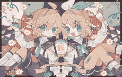 Rule 34 | 1boy, 1girl, ahoge, black footwear, black sailor collar, black shorts, blonde hair, border, bow, closed mouth, commentary request, confetti, cup, cupcake, flower, food, fruit, full body, green bow, green eyes, green necktie, hair bow, highres, holding, holding cup, holding food, holding hands, kagamine len, kagamine rin, lemon, lemon slice, long sleeves, looking at viewer, multicolored background, necktie, open mouth, rororoyu, sailor collar, shirt, shorts, smile, socks, string of flags, suspenders, vocaloid, white flower, white shirt, white socks