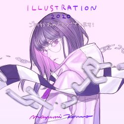 Rule 34 | 1girl, 2020, broken, broken chain, chain, glasses, hood, hood down, illustration.media, long hair, looking at viewer, mayumi konno, monochrome, purple background, purple eyes, purple hair, purple theme, round eyewear, scarf, shadow, signature, simple background, solo, striped clothes, striped scarf, upper body