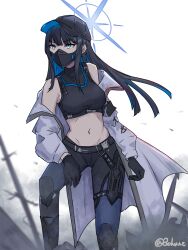Rule 34 | 1girl, bare shoulders, baseball cap, belt, black belt, black gloves, black hair, black hat, black shirt, blue archive, blue eyes, blue pants, coat, commentary, crop top, feet out of frame, gloves, hat, highres, leggings, long hair, long sleeves, mask, midriff, mitsune (3chune), mouth mask, navel, open clothes, open coat, pants, saori (blue archive), shirt, sleeveless, sleeveless shirt, solo, standing, stomach, very long hair, white coat