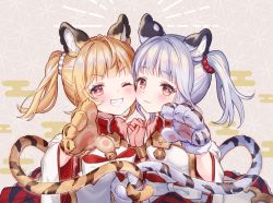 Rule 34 | 2girls, animal ears, animal hands, blonde hair, blush, brown gloves, chinese zodiac, cindala (granblue fantasy), closed mouth, commentary request, detached sleeves, dress, egasumi, fur-trimmed gloves, fur-trimmed sleeves, fur trim, gloves, granblue fantasy, grin, huang (granblue fantasy), long sleeves, looking at viewer, masuishi kinoto, multiple girls, one eye closed, pai (granblue fantasy), paw gloves, pleated dress, red dress, red eyes, side ponytail, silver hair, single glove, smile, tail, tiger ears, tiger girl, tiger tail, white gloves, white sleeves, wide sleeves, year of the tiger
