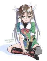 Rule 34 | 1girl, belt, belt buckle, black belt, boots, bow, bowtie, brown eyes, brown hair, buckle, chain, commentary request, cross-laced footwear, dated, dress, hair ribbon, indian style, kangoku kou, kantai collection, long hair, looking to the side, one-hour drawing challenge, red bow, red bowtie, ribbon, shadow, short sleeves, sitting, sketch, smile, solo, tone (kancolle), twintails, twitter username, white background