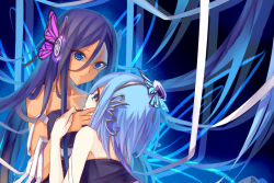 Rule 34 | 2girls, aoki lapis, bare shoulders, blue eyes, blue hair, bug, butterfly, collarbone, dark-skinned female, dark skin, eye contact, gradient hair, headphones, insect, kugata1, long hair, looking at another, magnet (vocaloid), merli (vocaloid), multicolored hair, multiple girls, open mouth, upper body, vocaloid, yuri