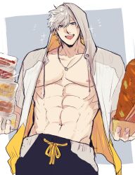 Rule 34 | 1boy, a nzi end, abs, absurdres, alternate costume, bara, blue eyes, collarbone, fate/grand order, fate (series), food, grey background, grey hair, hair between eyes, highres, holding, holding food, hood, hood up, hoodie, jacket, jewelry, large pectorals, looking at viewer, male focus, male swimwear, muscular, muscular male, necklace, nipples, open clothes, open jacket, open mouth, pectorals, percival (fate), short hair, short sleeves, smile, solo, sparkle, swim trunks, topless male, yakisoba