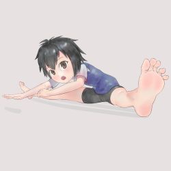 Rule 34 | 1girl, barefoot, bike shorts, black hair, blush, brown eyes, feet, foot focus, highres, looking at viewer, marvel, open mouth, peni parker, short hair, soles, spider-man: into the spider-verse, spider-man (series), spider-verse, stretching, toes