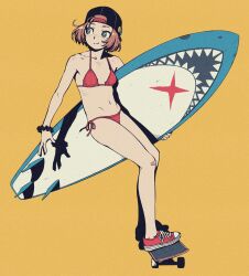 Rule 34 | 1girl, backwards hat, bandaid, bandaid on knee, bandaid on leg, baseball cap, bikini, breasts, brown hair, commentary request, converse, freckles, full body, hat, highres, holding, holding surfboard, looking to the side, navel, no socks, original, red bikini, scrunchie, shoes, short hair, side-tie bikini bottom, simple background, skateboard, skateboarding, small breasts, smile, sneakers, solo, surfboard, swimsuit, wang-pac, wrist scrunchie, yellow background, yellow eyes