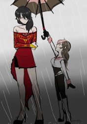 Rule 34 | 2girls, absurdres, artist request, cinder fall, commentary request, eyes visible through hair, height difference, highres, misa rwby, multiple girls, neo politan, parasol, rain, rwby, umbrella