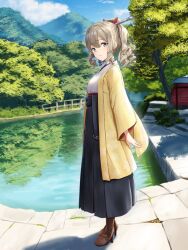Rule 34 | 1girl, black hakama, black skirt, blue eyes, brown footwear, closed mouth, commentary request, drill hair, from side, full body, hair between eyes, hair ornament, hair stick, hakama, hakama skirt, haori, hatakaze (kancolle), highres, japanese clothes, kantai collection, kimono, kotou yogen, light brown hair, long skirt, looking at viewer, meiji schoolgirl uniform, outdoors, pond, ponytail, red ribbon, ribbon, shadow, skirt, sky, solo, tree, white kimono, wide sleeves