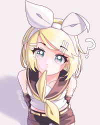 Rule 34 | 1girl, ?, aegissanp, aqua eyes, arms behind back, bare shoulders, belt, blonde hair, bow, collarbone, cowboy shot, detached sleeves, hair bow, hair ornament, hairclip, highres, kagamine rin, leaning forward, looking at viewer, medium hair, meme, mouth hold, neckerchief, sailor collar, short shorts, shorts, simple background, sleeveless, solo, swept bangs, twitter username, vocaloid, yellow neckerchief