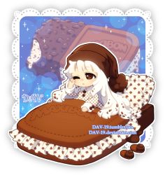 Rule 34 | 1girl, ;o, artist name, brown eyes, brown footwear, brown hat, chibi, collared dress, commentary, dav-19, dress, food, food-themed clothes, frilled pillow, frills, hat, ice cream, ice cream sandwich, lace background, long hair, long sleeves, nightcap, one eye closed, original, parted lips, personification, pillow, polka dot, polka dot dress, rubbing eyes, sitting, sleepy, slippers, solo, transparent background, under covers, very long hair, watermark, web address, white dress, white hair