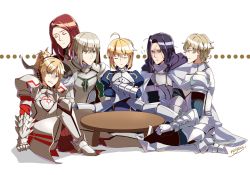 Rule 34 | 10s, 2girls, 4boys, ?, ahoge, armor, artist name, artoria pendragon (all), artoria pendragon (fate), bad id, bad pixiv id, bedivere (fate), black hair, blonde hair, breastplate, clenched teeth, closed mouth, expressionless, closed eyes, fate/apocrypha, fate/extra, fate/grand order, fate/stay night, fate/zero, fate (series), faulds, full body, gauntlets, gawain (fate), green eyes, lancelot (fate/stay night), lancelot (fate/zero), light brown hair, long hair, mordred (fate), mordred (fate/apocrypha), multiple boys, multiple girls, nazoushi, parted lips, pauldrons, ponytail, red hair, saber (fate), seiza, shoulder armor, shoulder pads, simple background, sitting, spread legs, table, teeth, tristan (fate), turn pale, white background