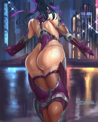 Rule 34 | 1girl, absurdres, alternate hairstyle, ass, bare shoulders, black hair, blue hair, bodysuit, breasts, cameltoe, curvy, high ponytail, highleg, highleg leotard, highres, igawa asagi, large breasts, leotard, long hair, official alternate costume, pershiva, ponytail, purple bodysuit, revealing clothes, shiny clothes, shiny skin, signature, simple background, skin tight, solo, squatting, taimanin (series), taimanin asagi, taimanin rpgx, thong leotard