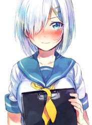 Rule 34 | 10s, 1girl, blue eyes, blush, clipboard, collarbone, commentary request, fingernails, fuji fujino, hair ornament, hair over one eye, hairclip, hamakaze (kancolle), holding, kantai collection, looking at viewer, neckerchief, nose blush, ribbon, sailor collar, school uniform, serafuku, short hair, short sleeves, silver hair, simple background, sleeve cuffs, sleeves rolled up, smile, solo, tareme, upper body, wavy mouth, white background, yellow neckerchief, yellow ribbon