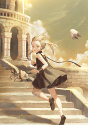 Rule 34 | 1girl, :o, absurdres, architecture, bandaged knees, blonde hair, bridge, collar, dress, fio (nier), fleeing, flying, ghost, highres, long hair, looking back, mama (nier), nier (series), nier reincarnation, open mouth, pillar, rubble, running, sepia, shorts, sleeveless, sleeveless dress, stairs, stone stairs, tarantulaines, twintails, wristband, yellow eyes