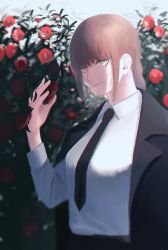 Rule 34 | 1girl, absurdres, bad id, bad pixiv id, black necktie, black pants, braid, braided ponytail, breasts, brown hair, business suit, chainsaw man, collared shirt, cowboy shot, female focus, flower, formal, garden, hand up, highres, jacket, jacket on shoulders, light smile, long hair, long sleeves, looking at viewer, makima (chainsaw man), medium breasts, necktie, pants, ponytail, ringed eyes, rose, shirt, smile, solo, suit, upper body, white shirt, yellow eyes