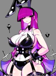 Rule 34 | 1girl, animal ears, black eyes, breasts, cleavage, curvy, fake animal ears, fingerless gloves, garter straps, gloves, hand on own hip, heart, highres, hime cut, large breasts, long hair, looking at viewer, multicolored hair, original, punk, purple hair, rabbit ears, skull, solo, thick thighs, thighhighs, thighs, two-tone hair, usa37107692, very long hair, wide hips