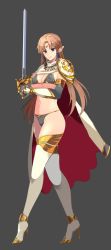 Rule 34 | 1girl, animated, armor, bikini, bikini armor, blue eyes, boots, bouncing breasts, breasts, brown hair, cape, cleavage, high heel boots, high heels, long hair, navel, pauldrons, pointy ears, sasana, shoulder armor, solo, swimsuit, sword, thigh boots, thighhighs, tiara, weapon, white legwear
