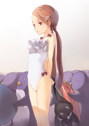 Rule 34 | 1girl, amado (shin), arms behind back, bad id, bad pixiv id, bird, brown eyes, brown hair, casual one-piece swimsuit, flat chest, highres, innertube, one-piece swimsuit, original, penguin, rabbit, solo, stuffed toy, swim ring, swimsuit, twintails, white one-piece swimsuit