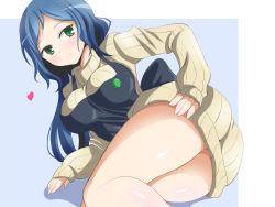 Rule 34 | 10s, 1girl, apron, blue background, blue hair, blush, breasts, deego (omochi bazooka), green eyes, gundam, gundam build fighters, haro button badge, hip focus, huge breasts, iori rinko, large breasts, long hair, lying, mature female, on side, ponytail, ribbed sweater, simple background, solo, sweater, thighs, turtleneck, very long hair, wide hips