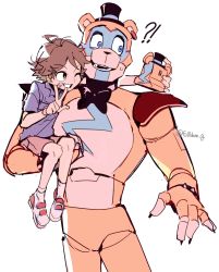 Rule 34 | !?, 2boys, animal ears, bandaid, bandaid on cheek, bandaid on face, bear ears, blue shirt, bow, bowtie, bracelet, brown hair, camera, five nights at freddy&#039;s, five nights at freddy&#039;s: security breach, freddy fazbear, fullbban g, glamrock freddy, gregory (fnaf), grin, hat, highres, holding, holding camera, jewelry, mini hat, mini top hat, multiple boys, one eye closed, reaching, reaching towards viewer, robot, selfie, shirt, short hair, shorts, smile, spiked bracelet, spikes, striped clothes, striped shirt, taking picture, top hat, v, watch, wristwatch, yellow eyes