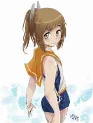 Rule 34 | 1girl, 2018, 4suke, artist name, bare arms, bare shoulders, blue one-piece swimsuit, blush, brown eyes, brown hair, closed mouth, cowboy shot, dated, eyebrows, hair ornament, i-401 (kancolle), kantai collection, one-hour drawing challenge, one-piece swimsuit, orange sailor collar, ponytail, sailor collar, school swimsuit, school uniform, serafuku, shirt, short hair, sidelocks, sleeveless, sleeveless shirt, smile, solo, standing, swimsuit, swimsuit under clothes, white shirt