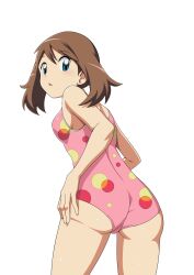 Rule 34 | ass, blue eyes, breasts, brown hair, creatures (company), from behind, game freak, highres, may (pokemon), medium hair, nintendo, one-piece swimsuit, open mouth, pink one-piece swimsuit, pokemon, pokemon (anime), pokemon rs019, pokemon rse (anime), small breasts, suitenan, swimsuit