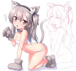 Rule 34 | 1girl, absurdres, all fours, animal ears, animal hands, arm support, bell, black choker, black ribbon, blush, breasts, brown eyes, brown footwear, brown gloves, cat ears, cat tail, choker, cleavage, closed eyes, commentary, fang, girls und panzer, gloves, hair ribbon, hand on another&#039;s chin, highres, kemonomimi mode, kuzuryuu kennosuke, legs, light brown hair, long hair, looking at viewer, multiple views, neck bell, open mouth, panties, paw gloves, paw pose, paw shoes, ribbon, sarashi, shadow, shimada arisu, side ponytail, sitting, sketch, skindentation, small breasts, stroking another&#039;s chin, tail, trembling, underwear, wariza, white background, white panties