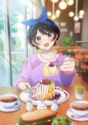 Rule 34 | 1girl, :o, absurdres, black hair, blue eyes, blue ribbon, blurry, blurry background, blurry foreground, bread, cake, cutlery, flower, food, frills, hair ribbon, highres, incoming food, jewelry, kanojo okarishimasu, looking at viewer, necklace, official alternate costume, official art, open mouth, pearl necklace, purple shirt, ribbon, sandwich, sarashina ruka, see-through, see-through shirt, shirt, short hair, sitting, smile, solo, tea, upper body