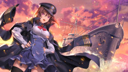 Rule 34 | 1girl, breasts, brown hair, doumyouji cocoa, dutch angle, hair between eyes, hands on own hips, hat, highres, jacket, jacket on shoulders, long hair, looking at viewer, medium breasts, pinakes, pleated skirt, red eyes, riot music, school uniform, ship, skirt, solo, thighhighs, virtual youtuber, watercraft
