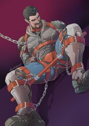 Rule 34 | 1boy, animal collar, armored boots, artist name, bara, beard, black hair, blue pants, boots, bound, bound ankles, bound arms, bound legs, chain, collar, dark-skinned male, dark skin, evinist, facial hair, facial scar, grey jacket, highres, hood, hood down, hooded jacket, jacket, large pectorals, male focus, muscular, muscular male, overwatch, overwatch 1, pants, pectorals, reaper (overwatch), restrained, scar, scar on cheek, scar on face, short hair, solo, tongue, tongue out