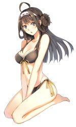 Rule 34 | 10s, 1girl, :o, ahoge, barefoot, bikini, black bikini, black eyes, blush, bow, breasts, brown hair, chestnut mouth, cleavage, collarbone, double bun, folded hair, front-tie bikini top, front-tie top, full body, hairband, hao (patinnko), highres, kantai collection, kneeling, kongou (kancolle), large breasts, long hair, looking at viewer, looking to the side, no headwear, open mouth, seiza, side-tie bikini bottom, sitting, solo, swimsuit, transparent background, v arms, white background