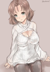 Rule 34 | 1girl, absurdres, arm support, azumi (girls und panzer), black pantyhose, blue eyes, blush, breasts, brown background, brown hair, cleavage, cleavage cutout, closed mouth, clothing cutout, commentary, girls und panzer, head tilt, highres, large breasts, lips, long sleeves, looking at viewer, medium hair, meme attire, one-hour drawing challenge, open-chest sweater, pantyhose, parted bangs, ribbed sweater, seo kichi, simple background, sitting, smile, solo, sweater, turtleneck, twitter username, white sweater