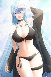 Rule 34 | 1girl, 271, absurdres, akame ga kill!, bikini, blue eyes, blue hair, blush, breasts, chest tattoo, choker, curvy, esdeath, highres, huge breasts, large breasts, long hair, looking at viewer, matching hair/eyes, one eye closed, solo, swimsuit, tattoo, wink