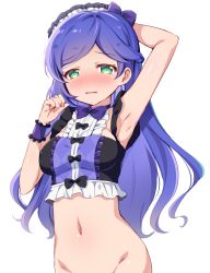 Rule 34 | 1girl, aoba rinka, arm behind head, arm up, armpits, black bow, blue background, blue hair, blush, bottomless, bow, braid, breasts, covered erect nipples, crop top, embarrassed, french braid, frilled shirt, frills, gradient background, green eyes, hair bow, half-closed eyes, headdress, highres, impossible clothes, impossible shirt, kiratto pri chan, long hair, maid headdress, medium breasts, multicolored background, multicolored shirt, navel, nervous, nose blush, pretty series, purple bow, raised eyebrows, shiny skin, shirt, shirt bow, sideboob, simple background, sleeveless, sleeveless shirt, solo, stomach, summer maid coord, tiger rmn, upper body, wavy mouth, white background, wrist cuffs