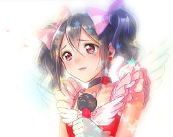 Rule 34 | 10s, 1girl, black hair, bow, choker, dress, earrings, frills, gloves, hair bow, idol, jewelry, love live!, love live! school idol festival, love live! school idol project, microphone, red dress, red eyes, solo, tears, twintails, wings, yamori (stom), yazawa nico