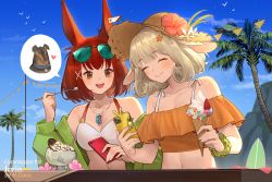 Rule 34 | 2girls, :d, ^ ^, animal ears, annelie (dragalia lost), arknights, bikini, blue sky, blush, breasts, brown bikini, brown hair, brown headwear, cleavage, closed eyes, closed mouth, cloud, commentary, commission, crossover, day, dragalia lost, english commentary, female focus, flametail (arknights), flower, food, fruit, green jacket, hair ornament, hat, hat flower, heart, hentaki, holding, holding food, holding phone, ice cream, ice cream cone, jacket, medium breasts, multiple girls, navel, off-shoulder bikini, off shoulder, open clothes, open jacket, open mouth, outdoors, palm tree, pennant, phone, rabbit ears, red flower, red hair, sky, smile, soft serve, spoken animal, spoken heart, straw hat, strawberry, string of flags, swimsuit, tree, upper body, white bikini, white flower, x hair ornament