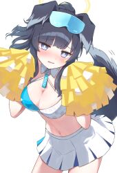 Rule 34 | 1girl, animal ears, bent over, black hair, blue archive, breasts, character name, cleavage, commentary request, criss-cross halter, detached collar, dog ears, dog girl, dog tail, droopy ears, eyewear on head, facial tattoo, hair between eyes, halo, halterneck, hibiki (blue archive), hibiki (cheer squad) (blue archive), highres, holding, holding pom poms, long hair, looking at viewer, medium breasts, millennium cheerleader outfit (blue archive), minazuki (uraha246), navel, official alternate costume, official alternate hairstyle, pleated skirt, pom pom (cheerleading), pom poms, ponytail, purple eyes, sidelocks, simple background, skirt, sleeveless, solo, star tattoo, stomach, sunglasses, tail, tattoo, two-tone skirt, white background, white skirt