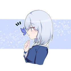 Rule 34 | 1girl, bang dream!, blue eyes, blush, bug, butterfly, butterfly on nose, cropped torso, feelily, grey hair, hand up, highres, insect, kurata mashiro, long sleeves, looking ahead, notice lines, outside border, parted lips, profile, sailor collar, school uniform, short hair, solo, tsukinomori school uniform, upper body, white hair