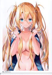 Rule 34 | 1girl, absurdres, blush, bradamante (fate), braid, breasts, closed mouth, collarbone, fate/grand order, fate (series), gradient background, hair ornament, hands up, highres, holding, jacket, jacket on shoulders, large breasts, long hair, looking at viewer, navel, nude, open clothes, open jacket, page number, rin yuu, scan, simple background, smile, solo, stomach, twintails, white background