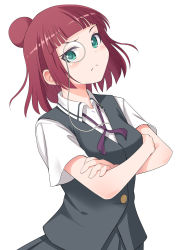 Rule 34 | 1girl, blunt bangs, bob cut, closed mouth, commentary, crossed arms, dress shirt, frown, green eyes, grey skirt, grey vest, hair bun, highres, looking at viewer, miyamori school uniform, monocle, neck ribbon, pila (pilayamato), pleated skirt, purple ribbon, red hair, ribbon, saki (manga), school uniform, shirt, short hair, simple background, single hair bun, skirt, solo, upper body, usuzawa sae, vest, white background, white shirt, wing collar