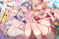 Rule 34 | 2girls, alcohol, bare shoulders, beach towel, bikini, blonde hair, blue bikini, blue eyes, blue flower, blue rose, blush, bottle, braid, breasts, breasts apart, cherry, closed mouth, collarbone, commentary request, cup, day, drinking glass, fate/apocrypha, fate/grand order, fate (series), fingernails, flower, food, fruit, hair between eyes, hair flower, hair ornament, hand on own chest, headpiece, innertube, jeanne d&#039;arc (fate), jeanne d&#039;arc (ruler) (fate), jeanne d&#039;arc alter (avenger) (fate), jeanne d&#039;arc alter (fate), long braid, long hair, looking at viewer, lying, md5 mismatch, medium breasts, multi-strapped bikini, multiple girls, nail polish, open mouth, outdoors, pale skin, pink nails, purple nails, red bikini, red flower, red rose, resolution mismatch, rose, sandals, sherryqq, side-tie bikini bottom, sidelocks, single braid, smile, source larger, strap gap, sunglasses, sunglasses removed, swim ring, swimsuit, thigh gap, towel, unworn eyewear, wine, wine bottle, wine glass, yellow eyes