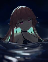 Rule 34 | 1girl, absurdres, afloat, bikini, black bikini, black choker, breasts, choker, colored inner hair, green hair, highres, hololive, hololive english, large breasts, light smile, long hair, looking at viewer, m3ru, multicolored hair, night, night sky, ocean, orange hair, outdoors, parted lips, partially submerged, purple eyes, sky, solo, swimsuit, takanashi kiara, virtual youtuber, water
