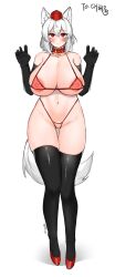 Rule 34 | 1girl, animal ears, black gloves, black thighhighs, blush, breasts, cleft of venus, closed mouth, commentary request, commission, elbow gloves, gloves, hat, highres, huge breasts, inubashiri momiji, korean commentary, looking at viewer, navel, nipples, pussy, red eyes, red footwear, red hat, short hair, solo, taeminhyeon, tail, thighhighs, tokin hat, touhou, white hair, wolf ears, wolf girl, wolf tail