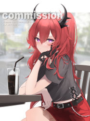 Rule 34 | 1girl, absurdres, arknights, asumi maboroshi, belt, belt buckle, black choker, black gloves, black shirt, blurry, blurry background, blush, buckle, chair, choker, closed mouth, cola, commission, day, depth of field, drinking straw, gloves, hand on own cheek, hand on own face, highres, horns, ice, ice cube, long hair, looking at viewer, miniskirt, official alternate costume, open mouth, purple eyes, red hair, red skirt, shirt, short sleeves, single glove, sitting, skeb commission, skirt, solo, surtr (arknights), surtr (liberte echec) (arknights), table, v-shaped eyebrows, very long hair