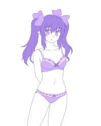 Rule 34 | 1girl, arms behind back, bow, bra, cowboy shot, hair bow, himekaidou hatate, isaki (gomi), lace, lace bra, lace panties, long hair, looking at viewer, monochrome, navel, panties, pointy ears, purple theme, solo, touhou, twintails, underwear, underwear only