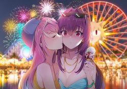 Rule 34 | 2girls, backwards hat, bandeau, belt, bikini, bikini top only, blue bikini, blurry, blurry background, blush, bracelet, breasts, candy, carnival, commentary request, crop top, damda, deal with it (meme), ear piercing, closed eyes, eyewear on head, fate/grand order, fate (series), ferris wheel, fireworks, food, from side, hair intakes, hat, heart, heart-shaped eyewear, ice cream cone, jewelry, kissing cheek, large breasts, long hair, medb (fate), meme, multicolored background, multiple girls, necklace, neco-arc, outdoors, piercing, pink hair, purple hair, red eyes, ring, scathach (fate), shirt, sleeveless, strapless, strapless bikini, sunglasses, sunlight, surprised, swimsuit, tube top, water, wide-eyed, wristband, yellow shirt, yuri