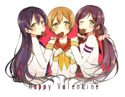 Rule 34 | 10s, 3girls, akakura, ascot, blue hair, blush, brown hair, candy, chocolate, chocolate heart, cookie, food, green eyes, hand on another&#039;s shoulder, happy valentine, heart, heart-shaped food, hoshizora rin, lily white (love live!), long hair, long sleeves, looking at viewer, love live!, love live! school idol festival, love live! school idol project, mouth hold, multiple girls, necktie, one eye closed, paw pose, purple hair, sailor collar, scrunchie, short hair, simple background, sonoda umi, tojo nozomi, twintails, valentine, white background, yellow eyes