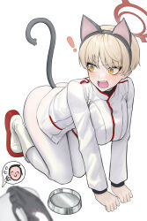 Rule 34 | !, 1girl, absurdres, all fours, animal ears, doodle sensei (blue archive), black hairband, black tail, blonde hair, blue archive, blush, boots, bowl, breasts, cat ears, cat tail, fake animal ears, fangs, hairband, halo, highres, ildy, jacket, kemonomimi mode, large breasts, long sleeves, looking to the side, marina (blue archive), military, military uniform, open mouth, pantyhose, pet bowl, red footwear, sensei (blue archive), short hair, simple background, slit pupils, solo focus, spoken character, spoken expression, surprised, tail, tail raised, teeth, thighs, two-tone footwear, uniform, upper teeth only, v-shaped eyebrows, white background, white footwear, white jacket, white pantyhose, yellow eyes