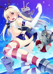 Rule 34 | &gt; &lt;, 10s, 1girl, :&lt;, anchor, black panties, blonde hair, blush, breasts, closed eyes, elbow gloves, fang, gloves, hairband, highres, kantai collection, legs, long hair, long legs, ocean, okingjo, open mouth, panties, personification, rensouhou-chan, shimakaze (kancolle), shirt, skirt, striped clothes, striped thighhighs, thighhighs, torn clothes, torn legwear, torn shirt, torn skirt, underboob, underwear, white gloves, yellow eyes