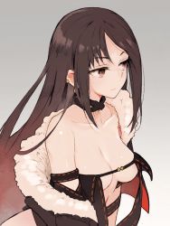 Rule 34 | 1girl, bare shoulders, black dress, breasts, brown hair, center opening, choker, cleavage, collarbone, commentary request, dress, fate/grand order, fate (series), from above, fur trim, gradient background, grey background, highres, jewelry, large breasts, long hair, red eyes, revealing clothes, sakura akami, solo, strapless, strapless dress, very long hair, yu mei-ren (fate)
