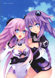 Rule 34 | 10s, 2girls, :d, absurdres, arm grab, blue eyes, blush, bodysuit, braid, breasts, bright pupils, choujigen game neptune mk2, cleavage, cleavage cutout, clothing cutout, cloud, covered navel, cowboy shot, cross, day, elbow gloves, emblem, gloves, hair between eyes, hair ornament, halterneck, hand on another&#039;s head, happy, highres, holding, hug, large breasts, leotard, long hair, looking at viewer, magical girl, multiple girls, navel cutout, nepgear, neptune (neptunia), neptune (series), official art, open mouth, outdoors, pink hair, power symbol, power symbol-shaped pupils, purple hair, purple heart (neptunia), purple sister, red cross, scan, siblings, sidelocks, sisters, sky, smile, symbol-shaped pupils, torso grab, tsunako, turtleneck, twin braids, twintails, very long hair, white gloves